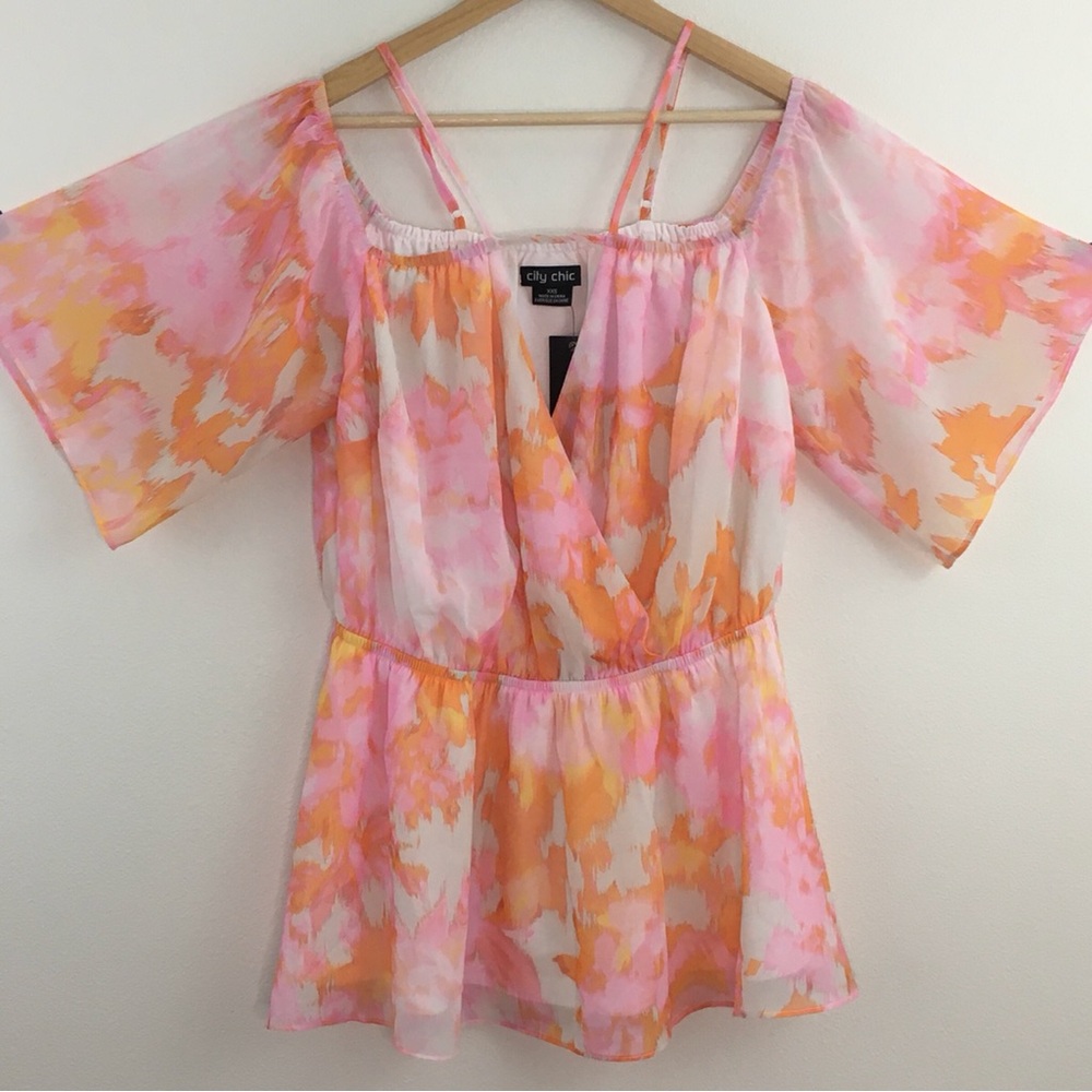 City Chic | Adelina Vibrant Pink & Orange Off Shoulder Top
